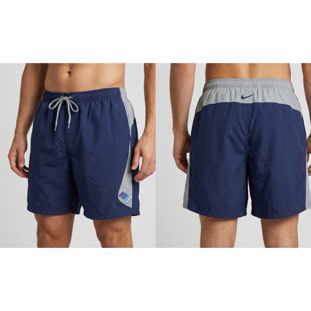 Vintage Nike Swim Shorts Mens 2XL Blue Gray Spell Out Logo Athletic Trunks Y2K